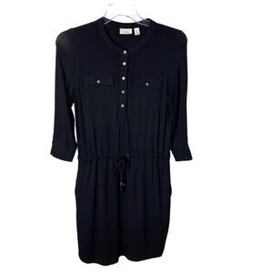 Women's L.L. Bean 3/4 Sleeve Soft Knit Drawstring Waist Casual Dress Black XS